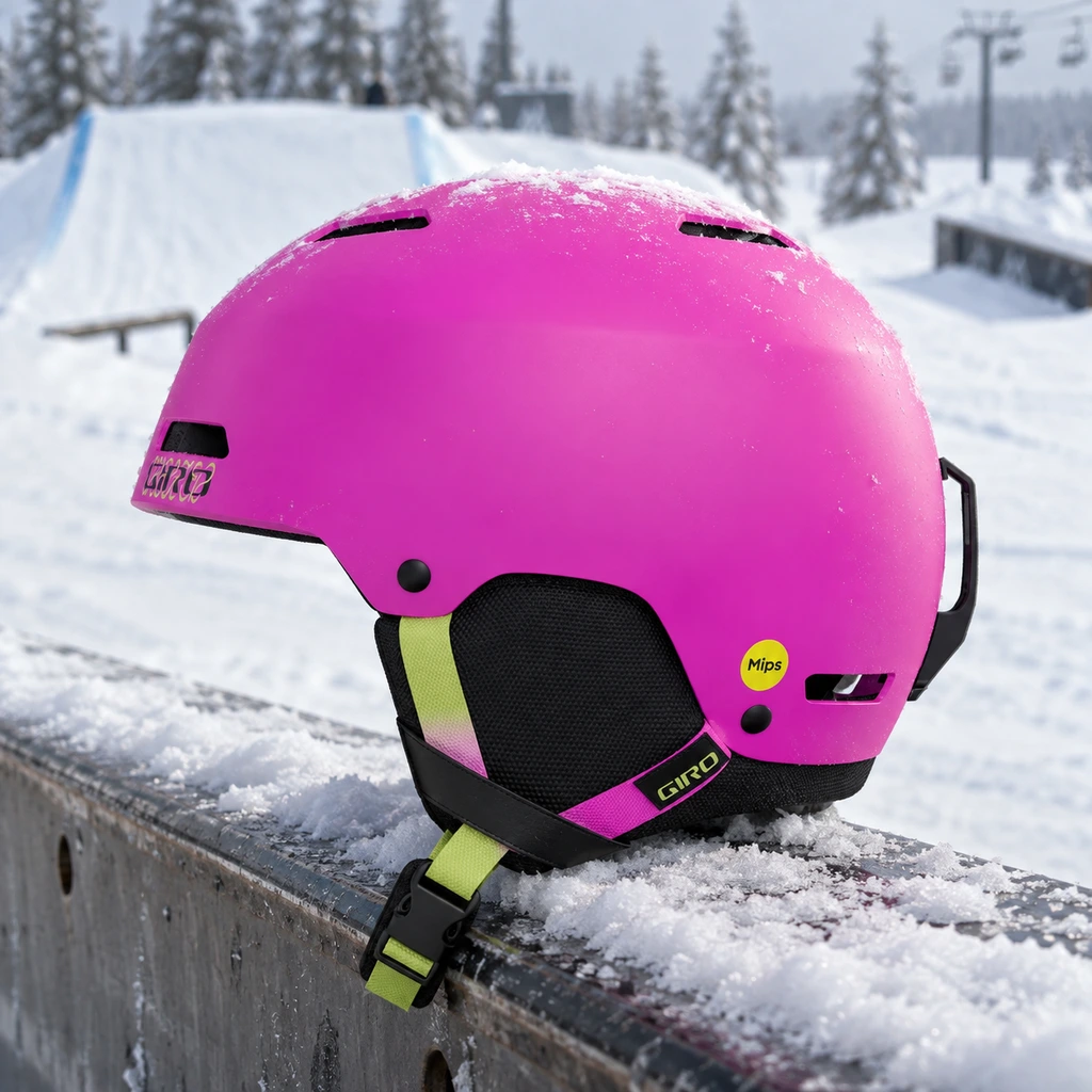Giro Ledge MIPS helmet on a snowy rail beside a terrain park run