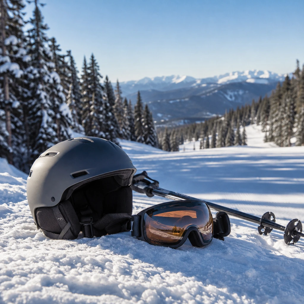 The best ski helmets resting on fresh snow beside goggles and poles