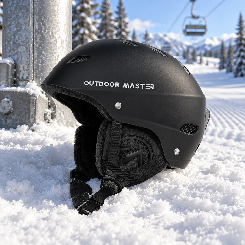OutdoorMaster Kelvin ski helmet resting on packed snow beside a chairlift