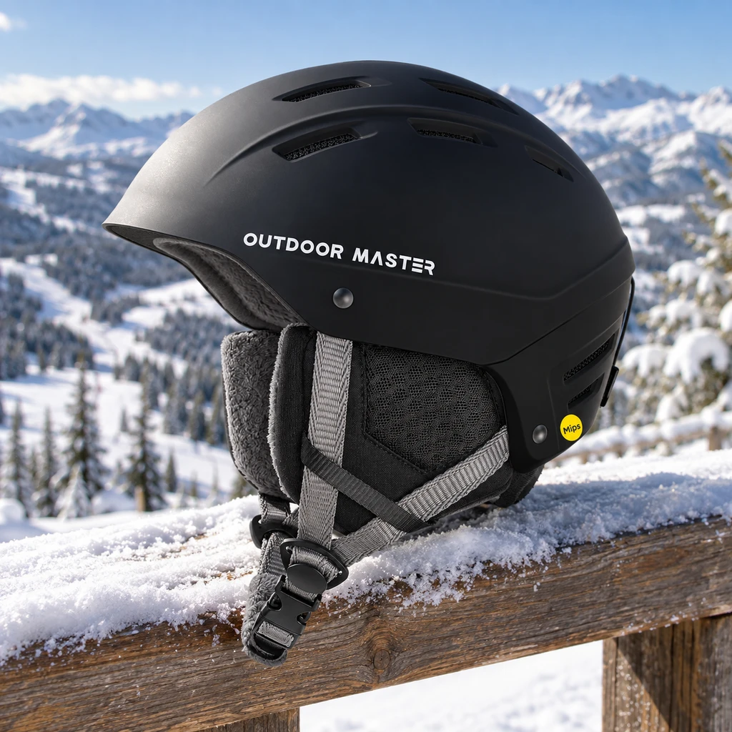 OutdoorMaster Kelvin II MIPS helmet on a snowy wooden rail at a ski resort