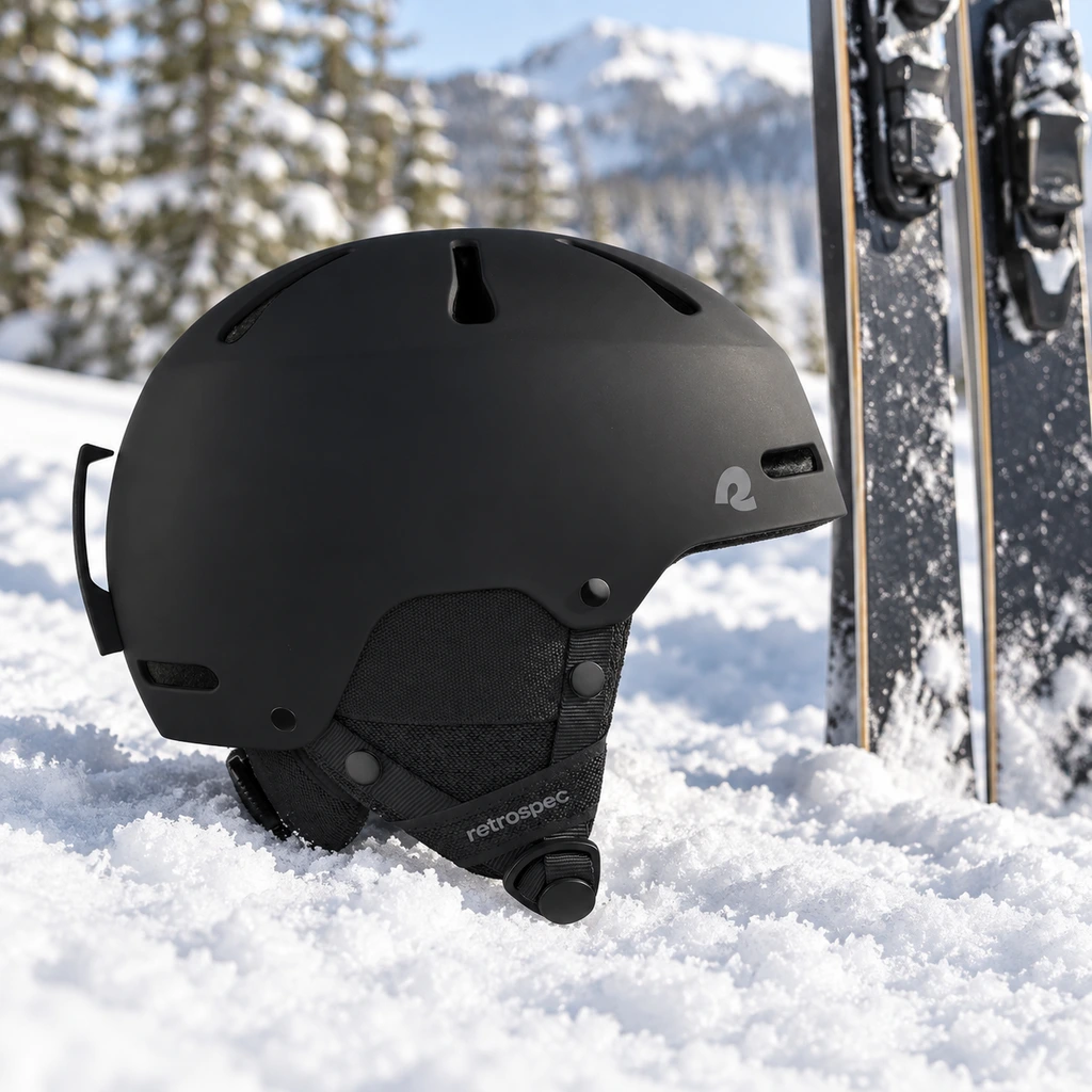 Retrospec Comstock ski helmet on packed snow beside a pair of skis