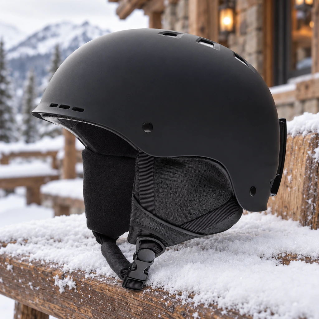 SMITH Holt helmet resting on a snow covered bench outside a mountain lodge