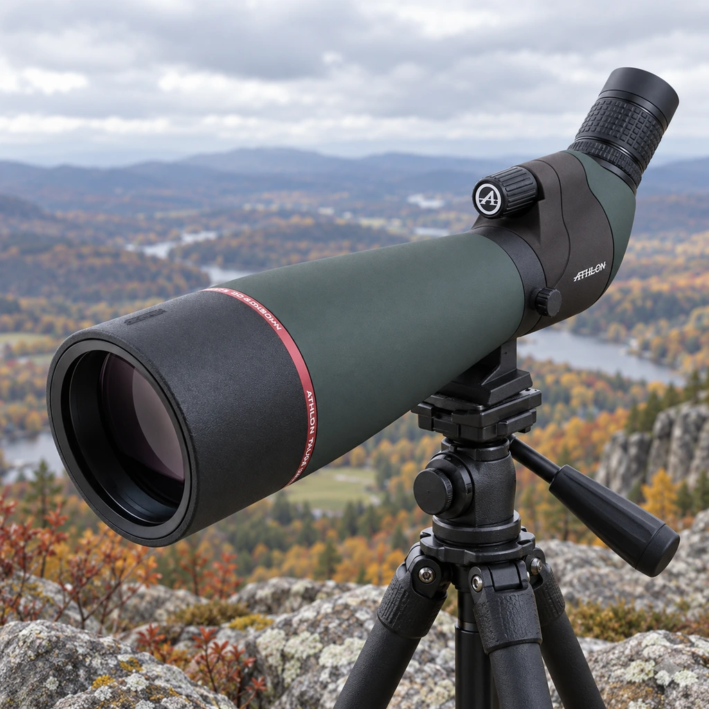 Athlon Talos spotting scope on a tripod on a rocky ridge above an autumn valley