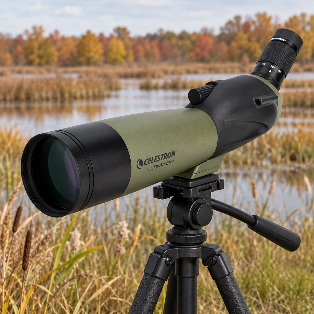 Celestron Ultima 80 angled spotting scope on a grassy bank above a wetland