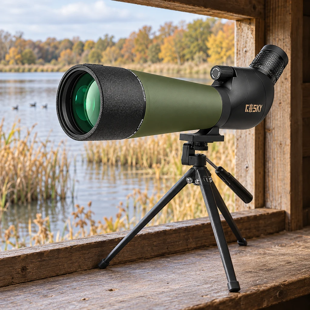 Gosky Flagship spotting scope on its tabletop tripod at a hide windowsill