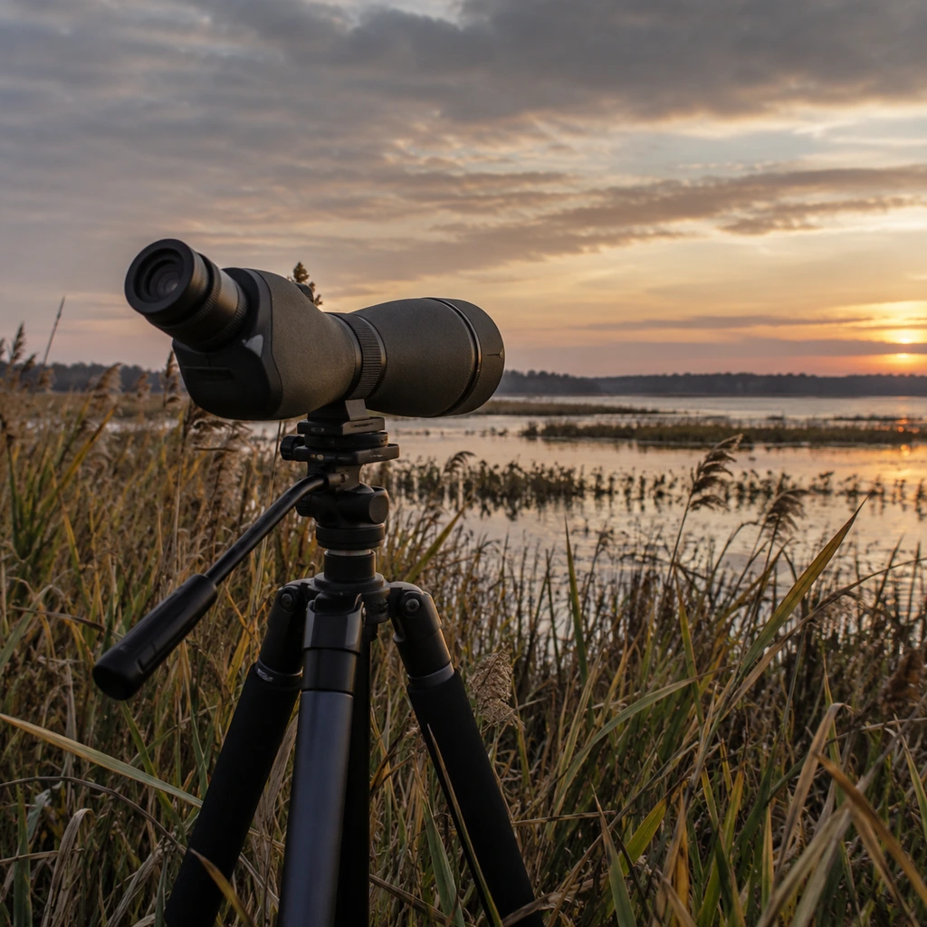 One of the best spotting scopes on a tripod pointed across an autumn marsh