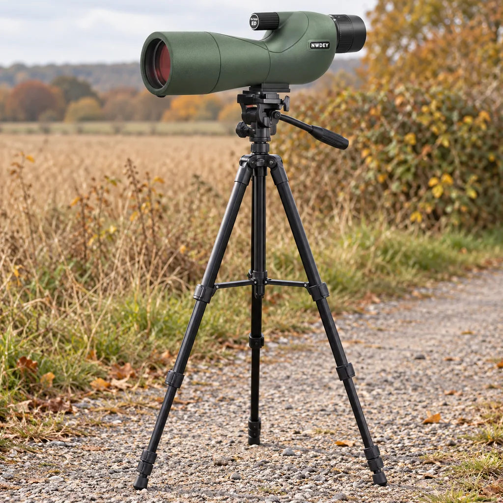 NWDEY spotting scope on a full height tripod beside an autumn field path