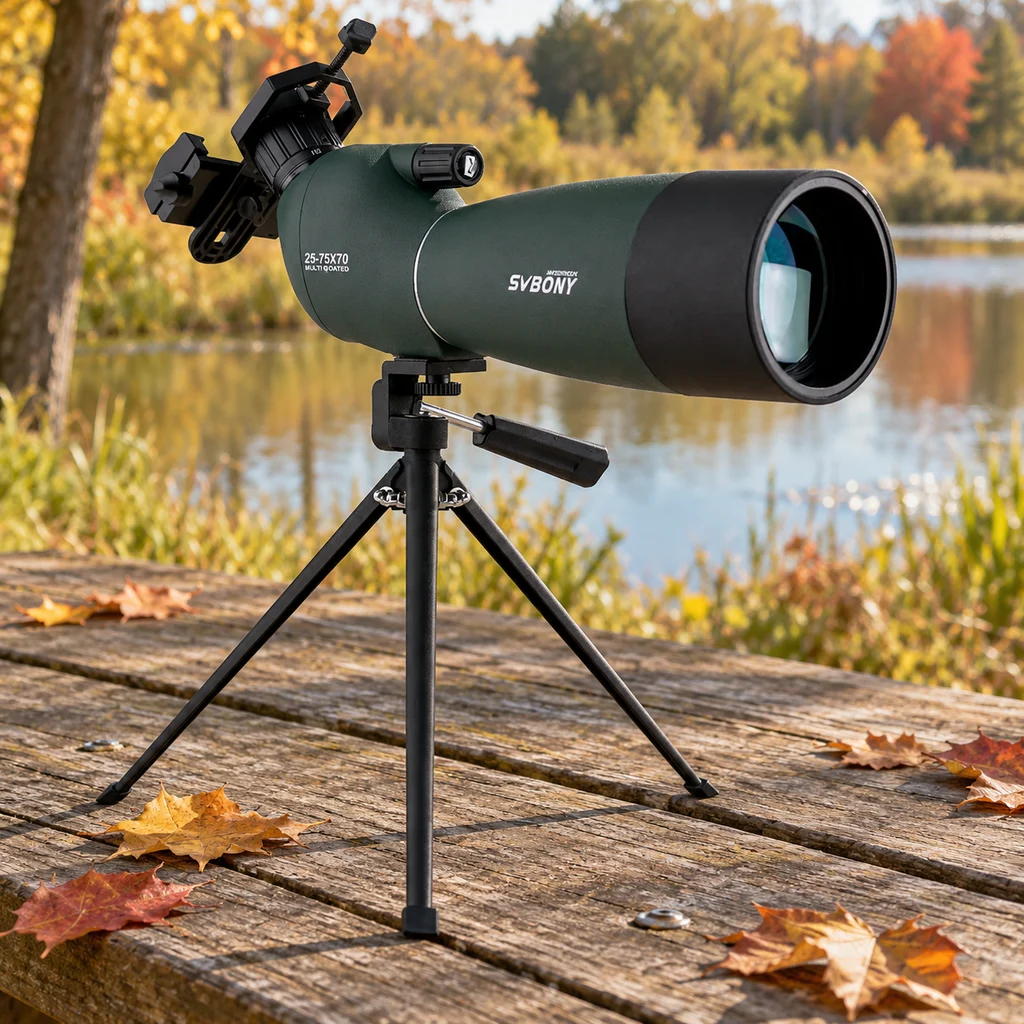 SVBONY SV28 spotting scope on a desktop tripod on a picnic table by a pond