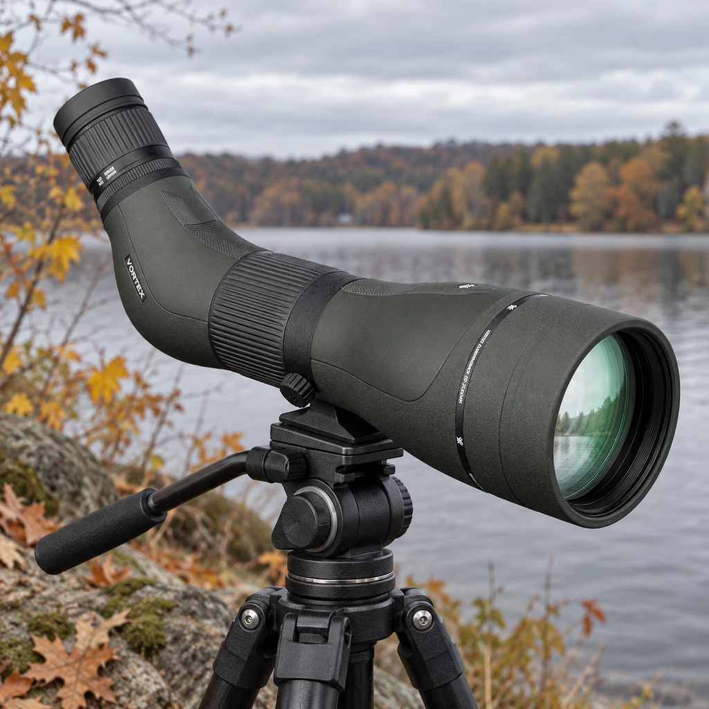 Vortex Diamondback HD spotting scope on a tripod beside an autumn lake