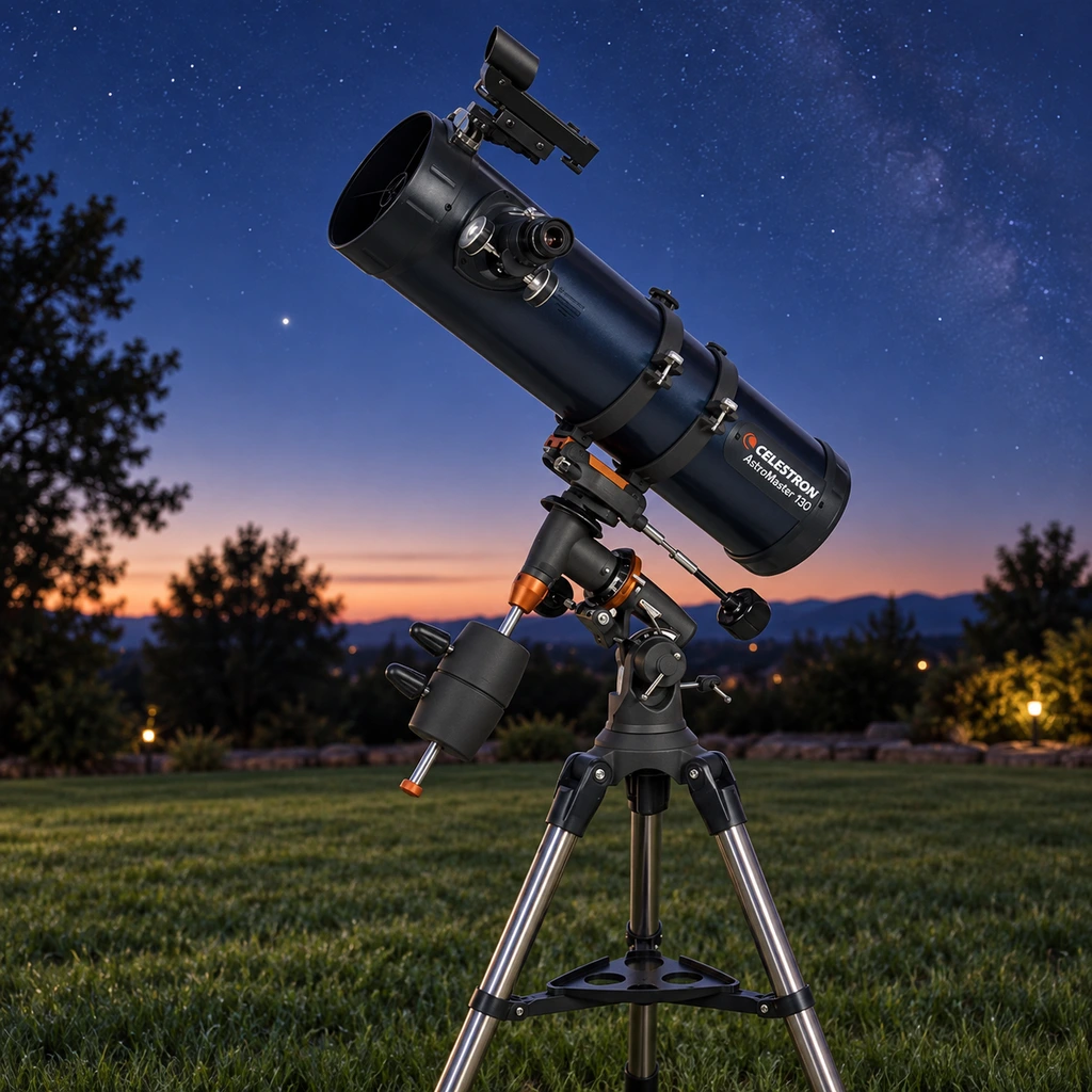 Celestron AstroMaster 130EQ reflector on its equatorial mount on a lawn at dusk