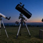 The best telescopes for beginners lined up on a lawn at blue hour