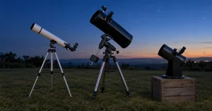 The best telescopes for beginners lined up on a lawn at blue hour