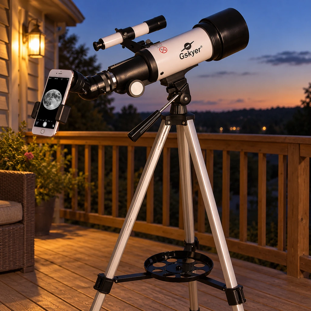Gskyer 70mm refractor telescope set up on a wooden deck at dusk