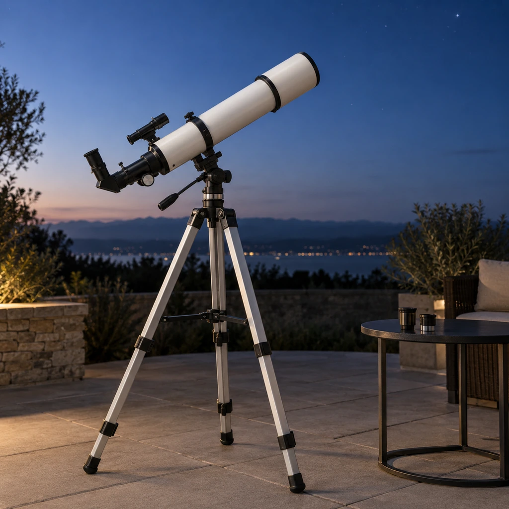 One of the best telescopes for beginners on a tripod at dusk on a patio