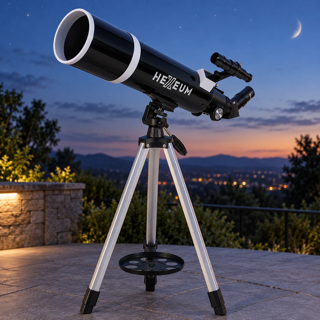 Koolpte 80mm refractor on an aluminium tripod angled at a twilight sky