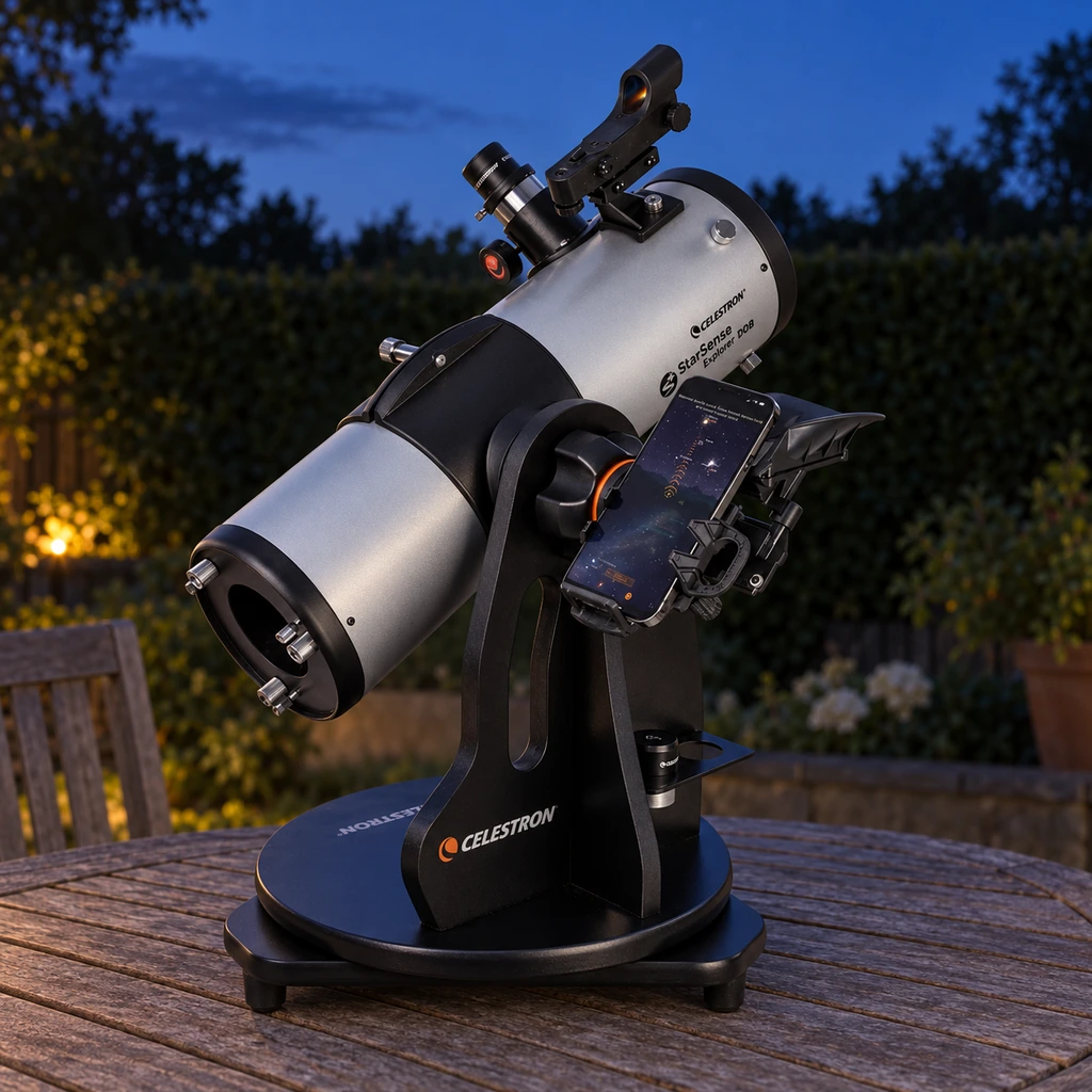 Celestron StarSense Explorer 114AZ tabletop Dobsonian on a garden table