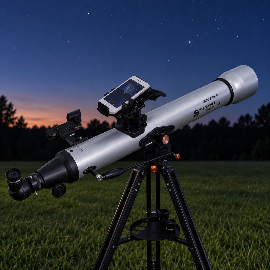 Celestron StarSense Explorer LT 80AZ refractor on a lawn at blue hour