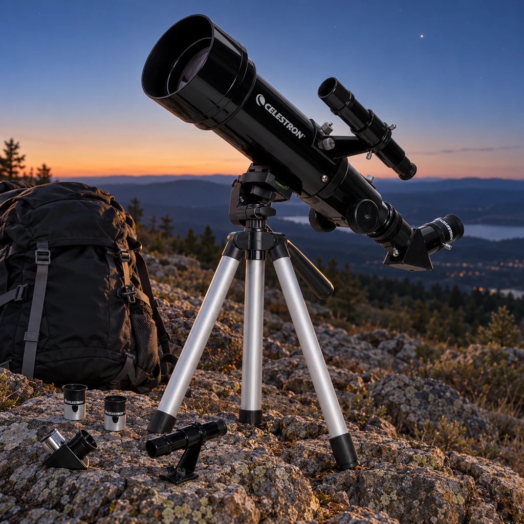 Celestron Travel Scope 70mm beside a packed backpack on a hillside at twilight