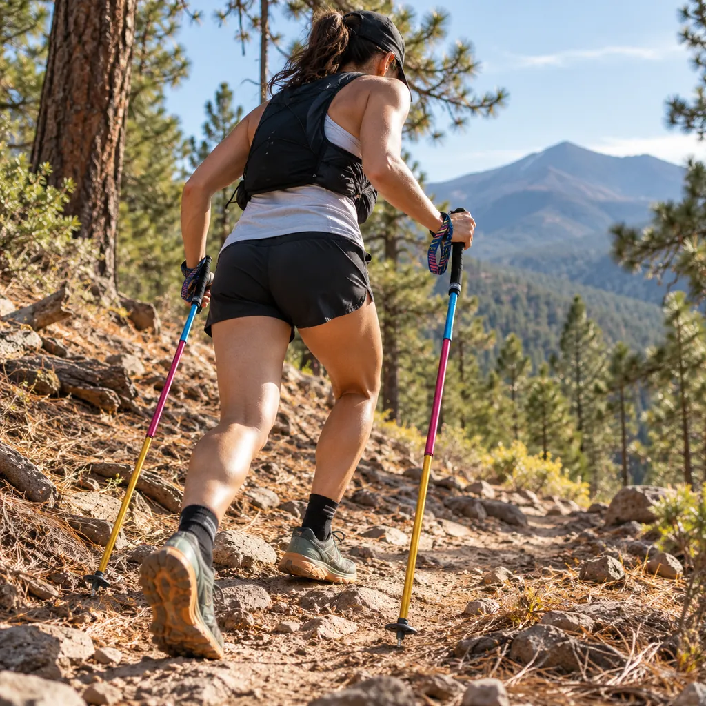 AONIJIE folding trail running poles on a ponderosa pine trail in Arizona