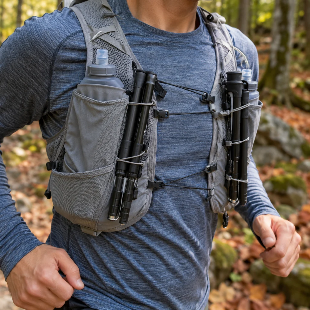 Best trail running poles folded on the front of a running vest
