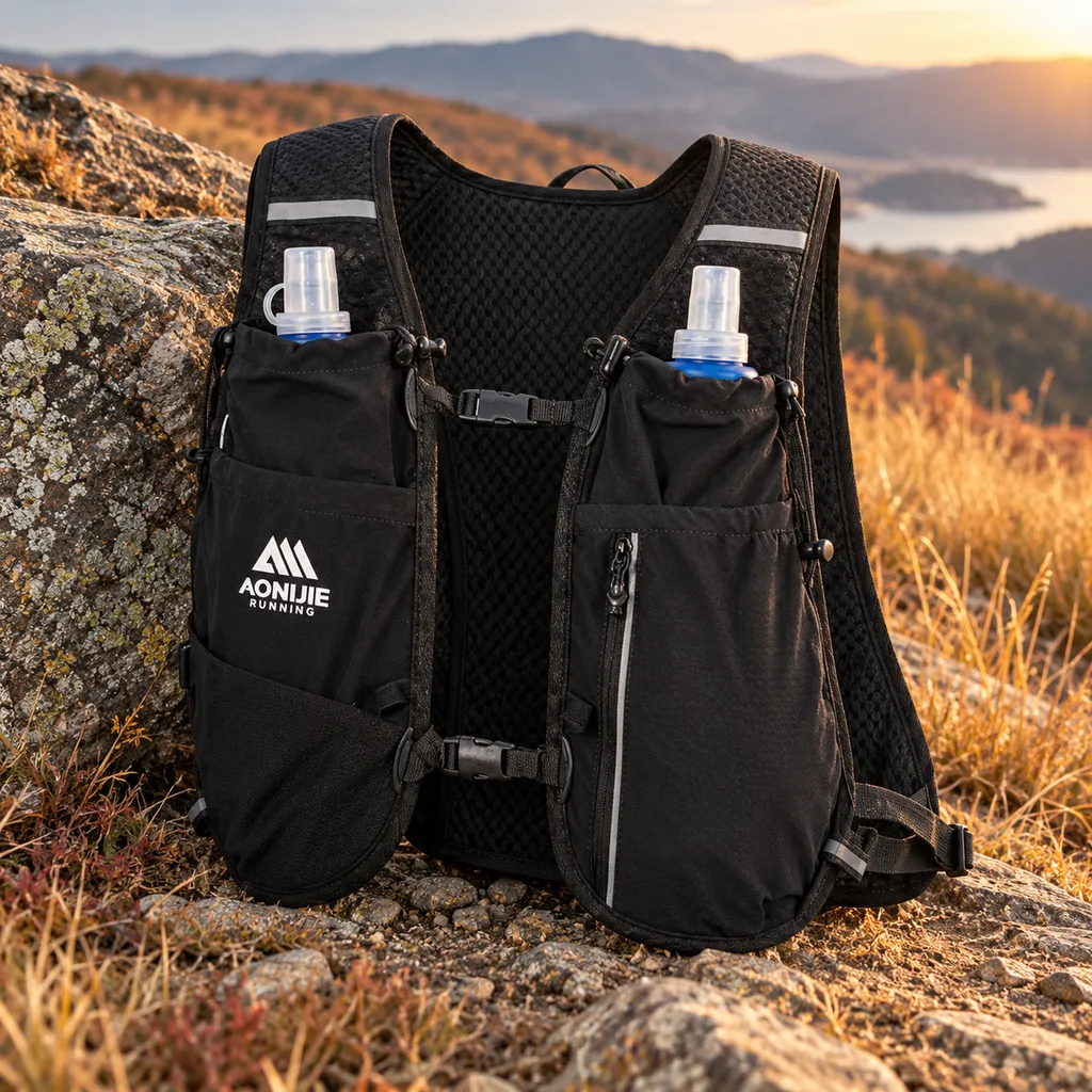 AONIJIE 12L vest with two soft flasks against a rock on a mountain trail