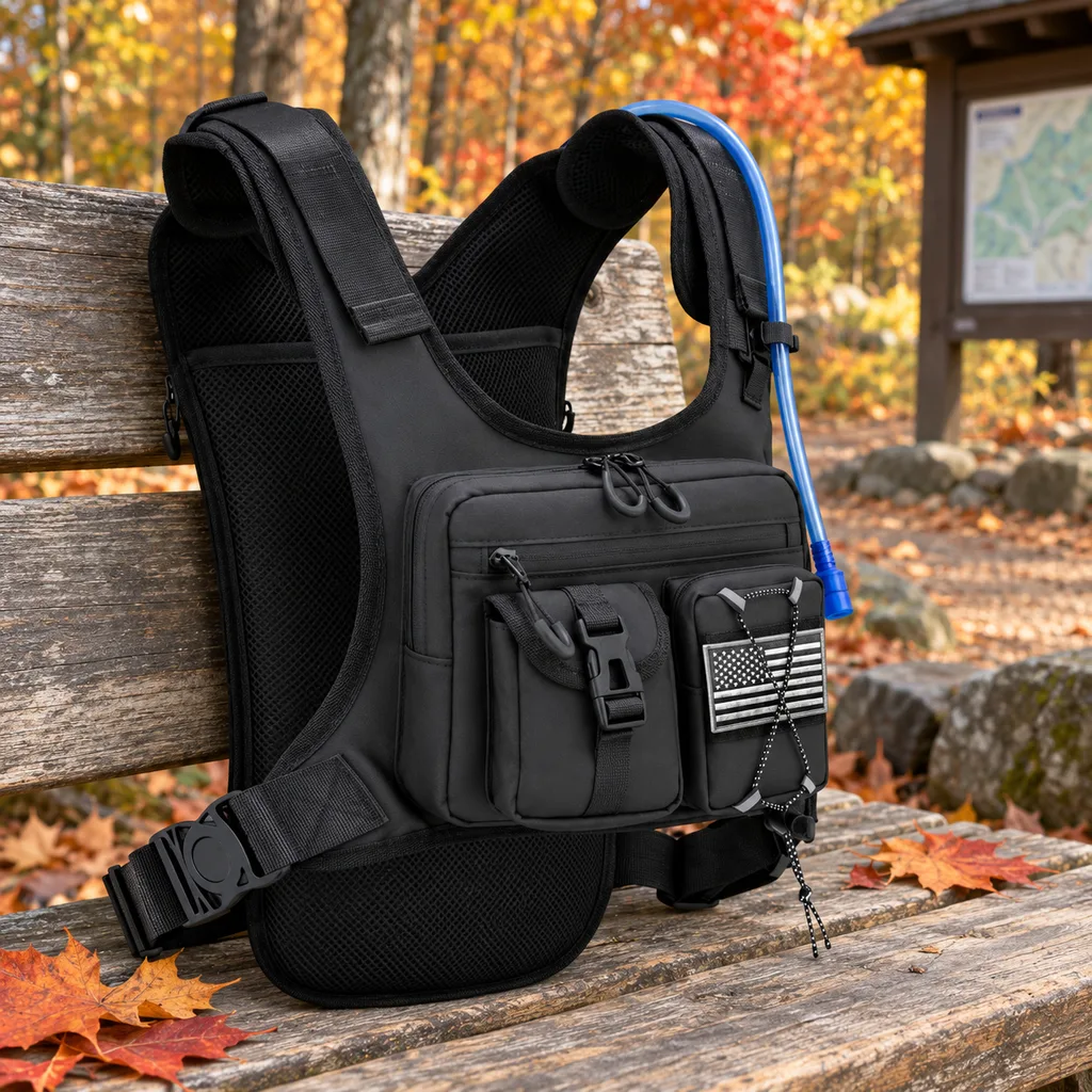 Criuage hydration vest on a wooden trailhead bench with the bladder tube visible
