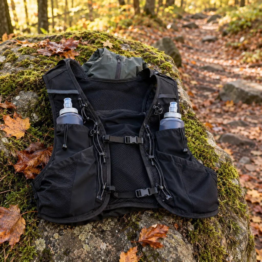 One of the best trail running vests open on a mossy rock with two soft flasks