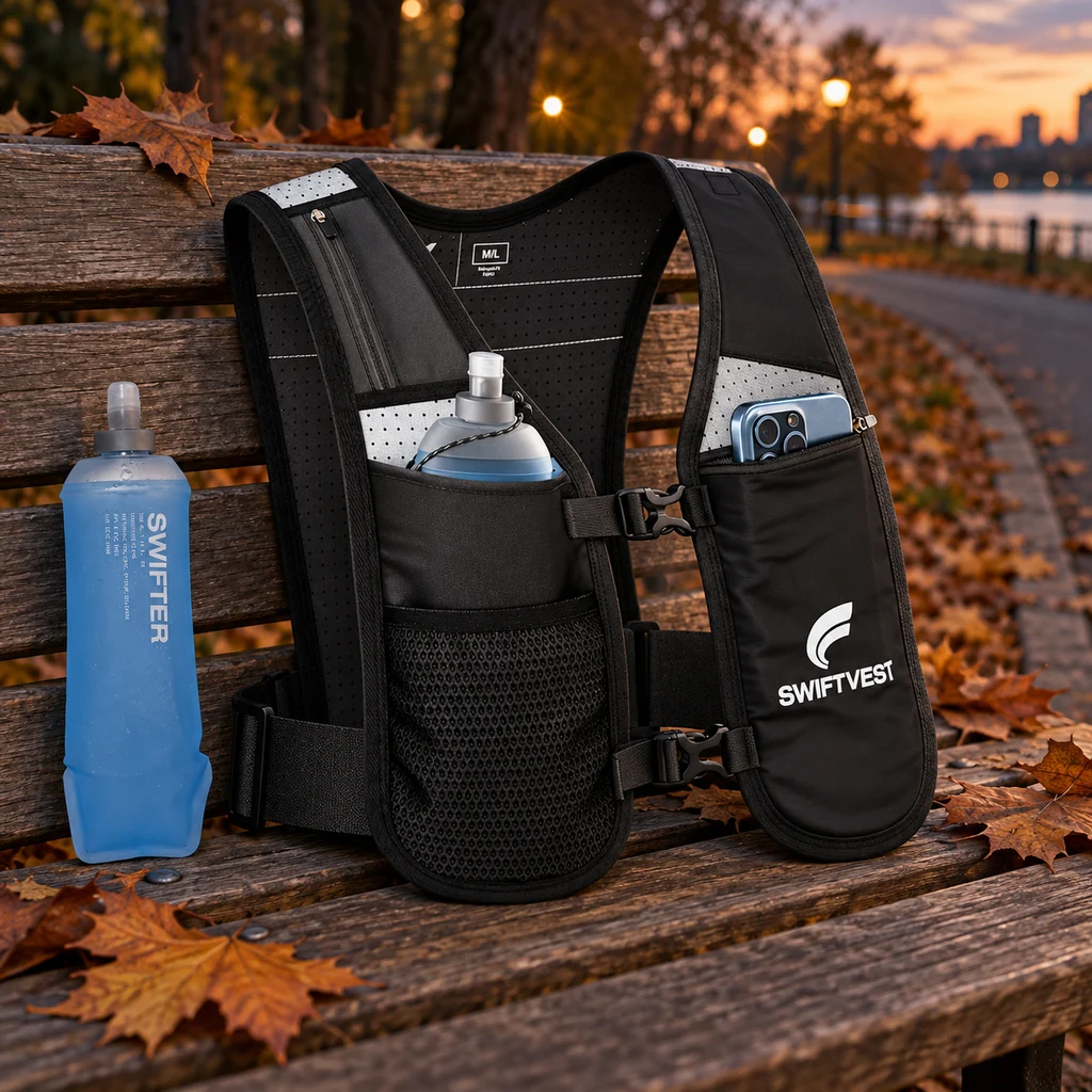 Minimal running vest with reflective detailing on a park bench at dusk