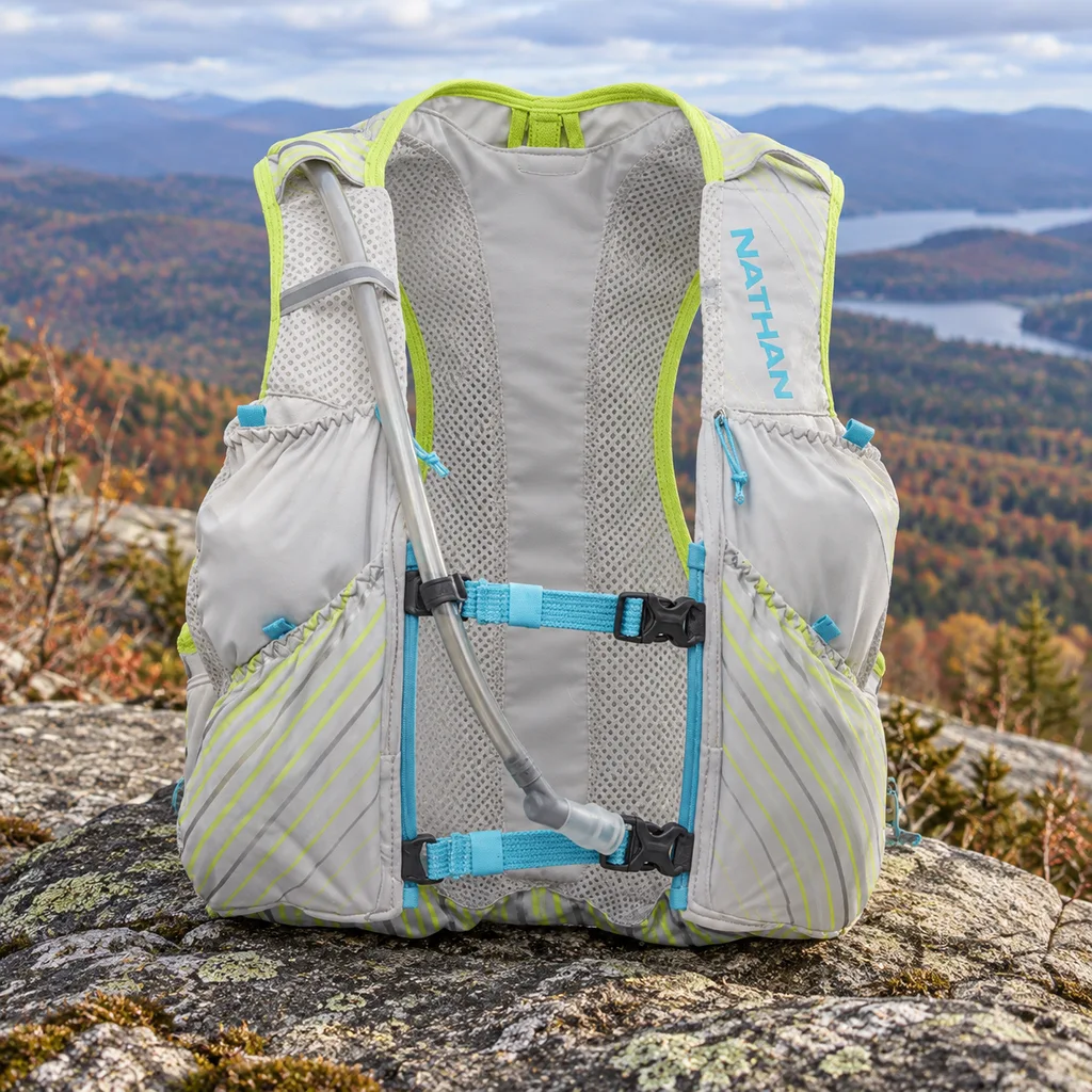 Nathan Pinnacle 12L race vest on a rock at an open autumn hillside viewpoint