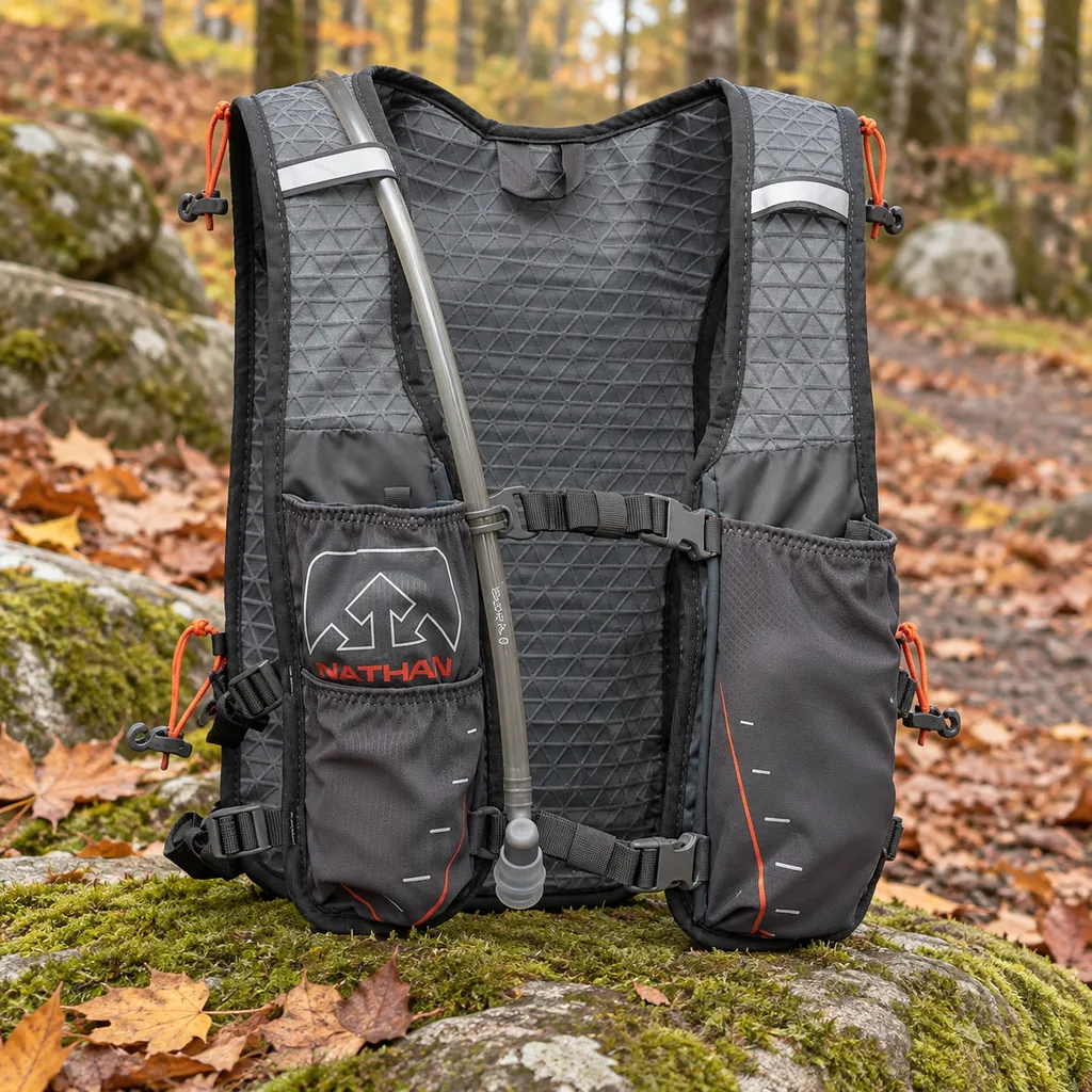 Nathan TrailMix 7L running vest upright on a mossy rock beside an autumn trail