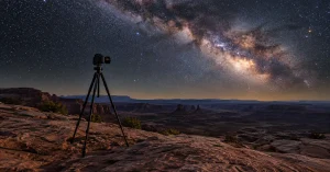 Carbon tripod and camera on slickrock under the Milky Way in Canyonlands