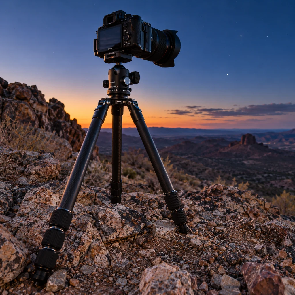 Best tripods for astrophotography: travel tripod set up on desert rock at blue hour