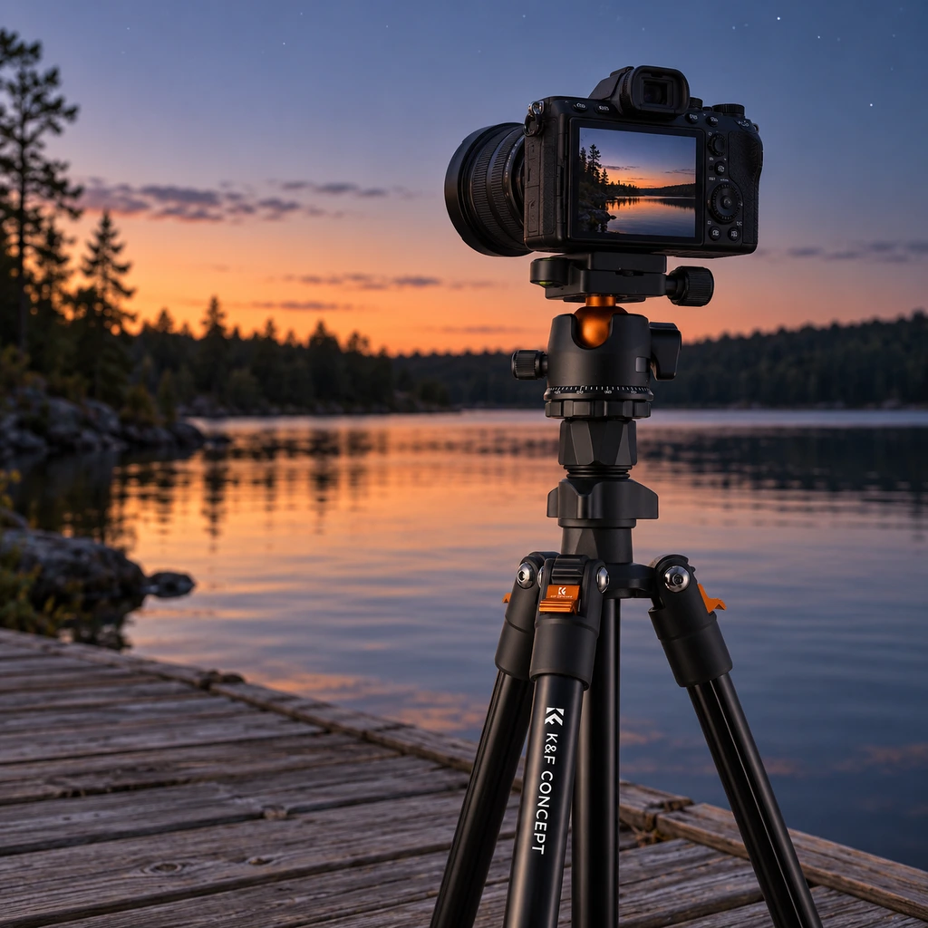 K&F Concept aluminum tripod on a Minnesota lake boardwalk at dusk