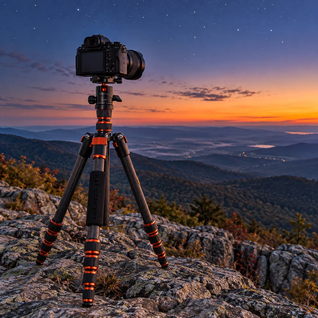 K&F Concept carbon tripod on a Shenandoah overlook at twilight