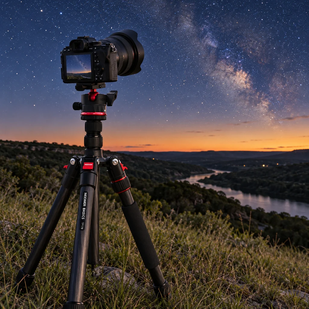 NEEWER carbon tripod on a Texas Hill Country hill under twilight stars