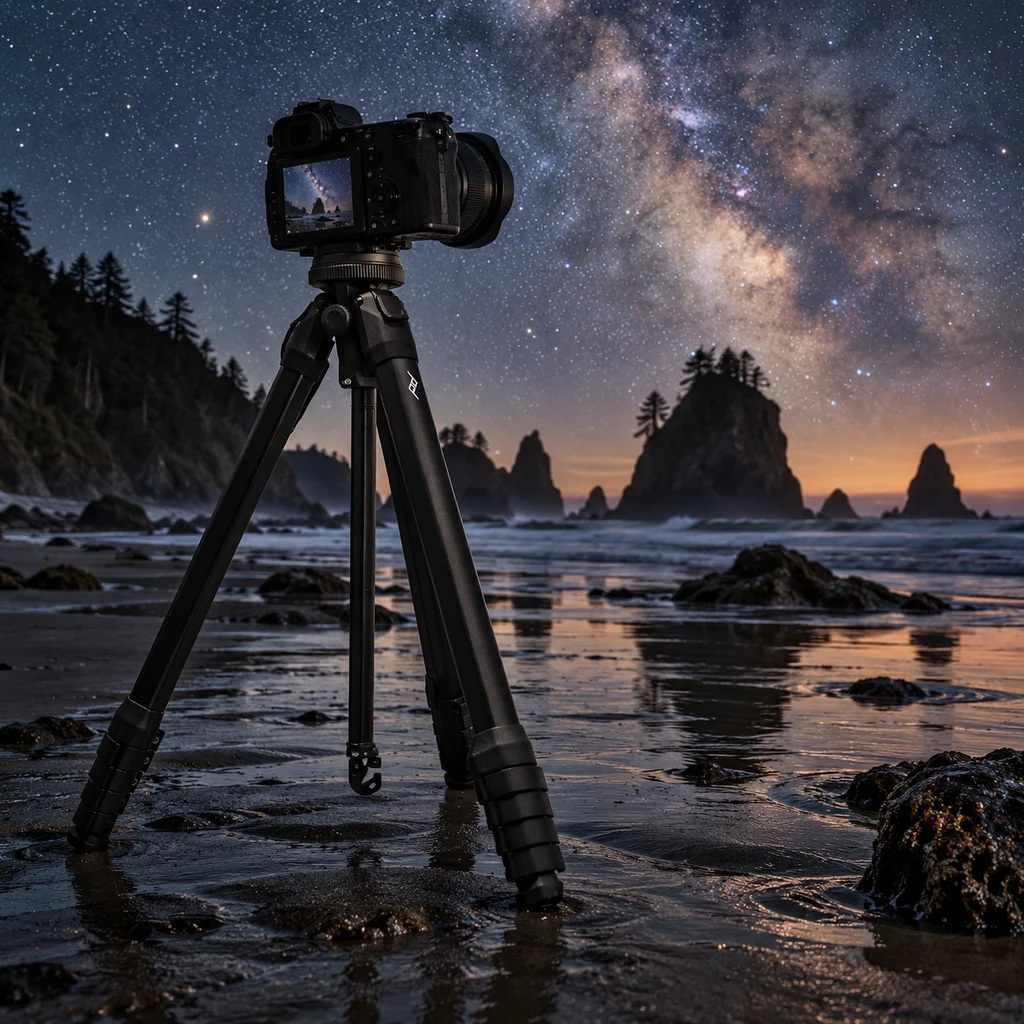 Peak Design aluminum tripod on an Olympic National Park beach at night