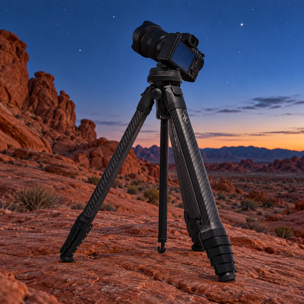 Peak Design Travel Tripod Carbon on red rock in Valley of Fire at dusk