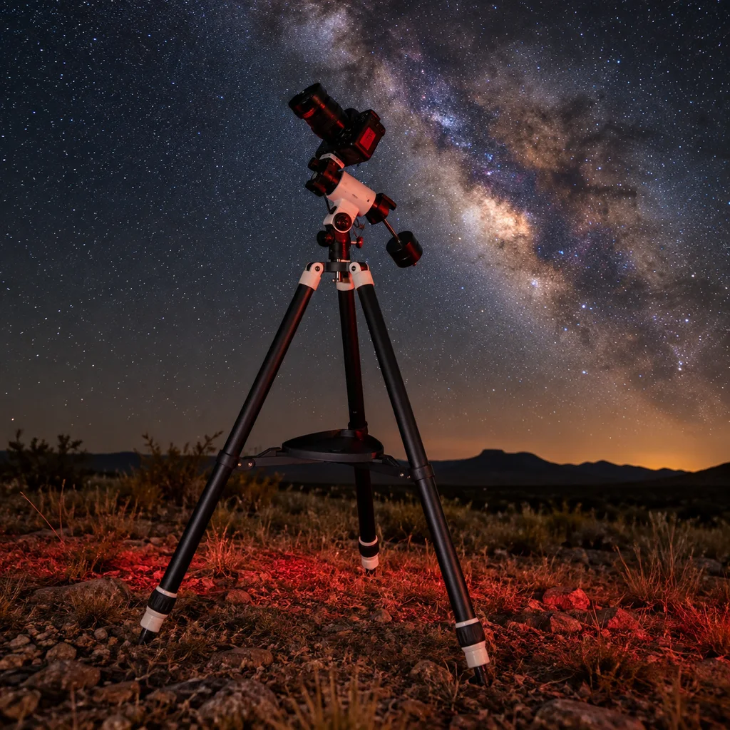 Sky-Watcher tripod carrying a star tracker under the Milky Way in West Texas