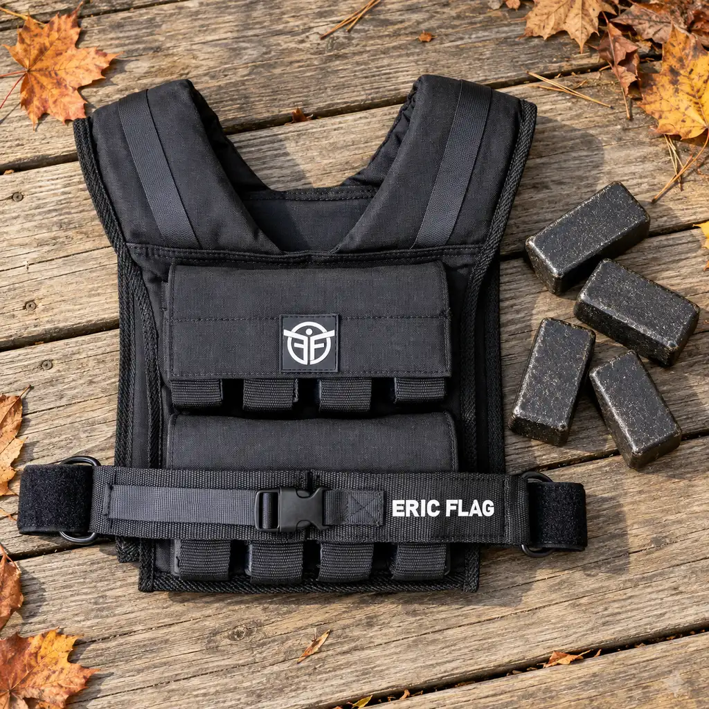 ERIC FLAG 40 lb adjustable weighted vest open on decking beside cast iron weights