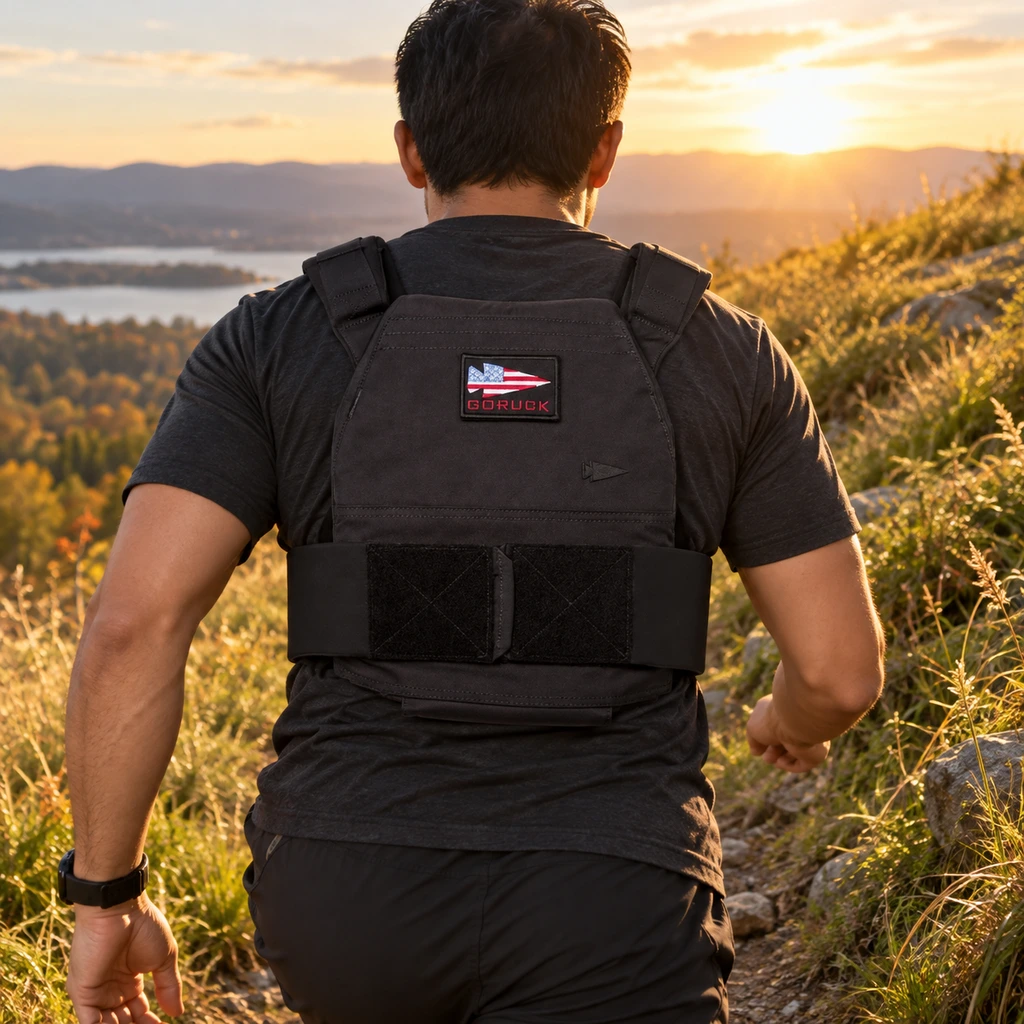 GORUCK rucking weighted vest worn on a hill path at golden hour