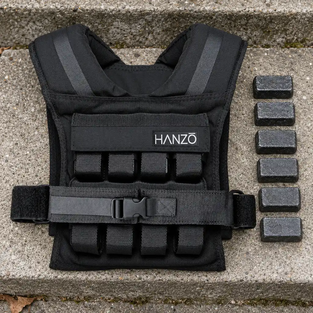HANZO adjustable weighted vest flat on a concrete step with weight bricks lined up