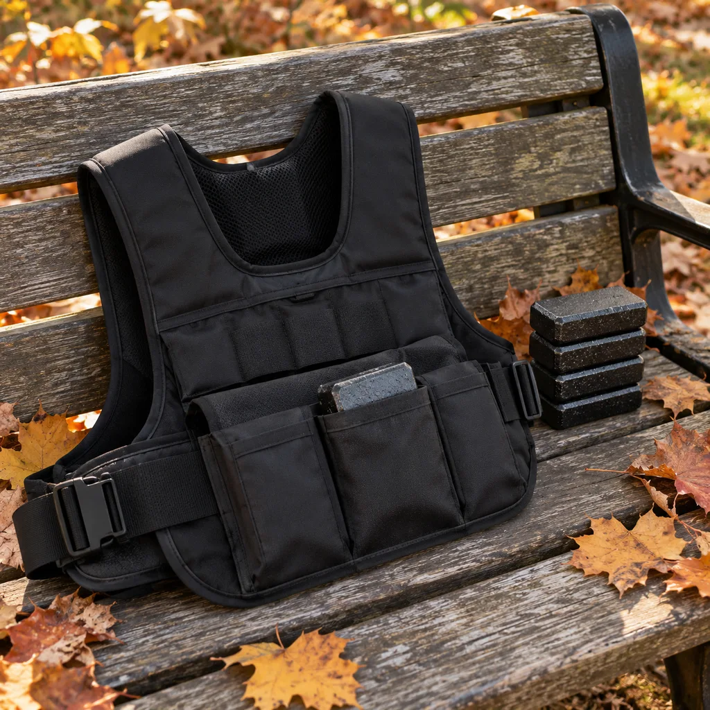 One of the best weighted vests for rucking open on a park bench with weight bricks