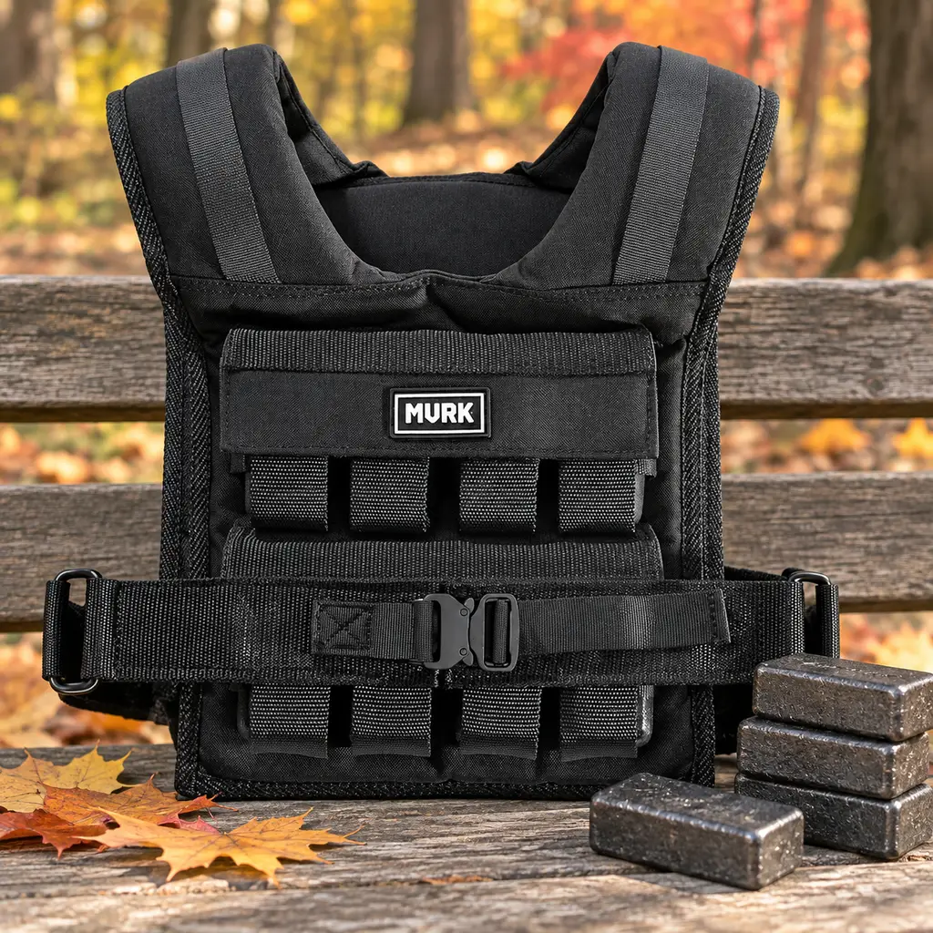 MVRK weighted vest upright on a park bench beside stacked iron weight bricks