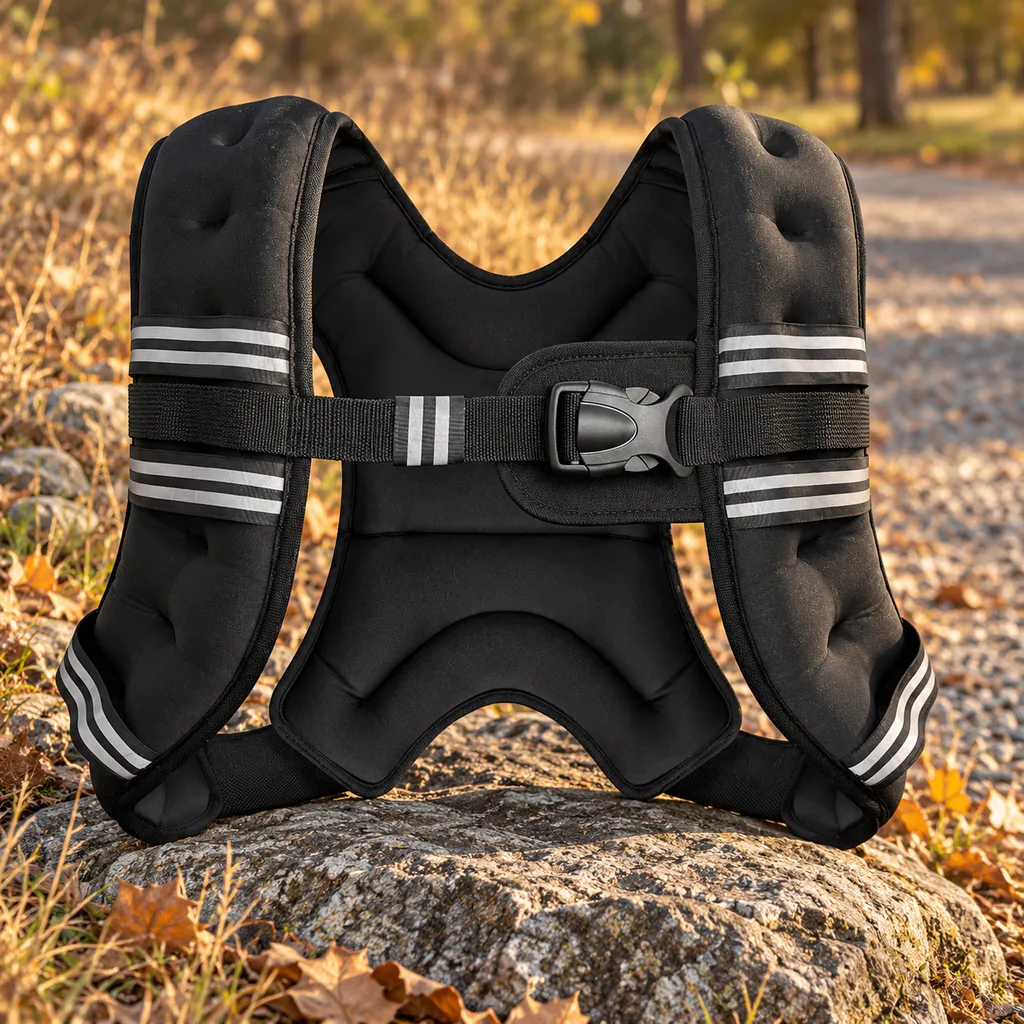 Zeerun neoprene weighted vest resting on a rock beside a gravel park path