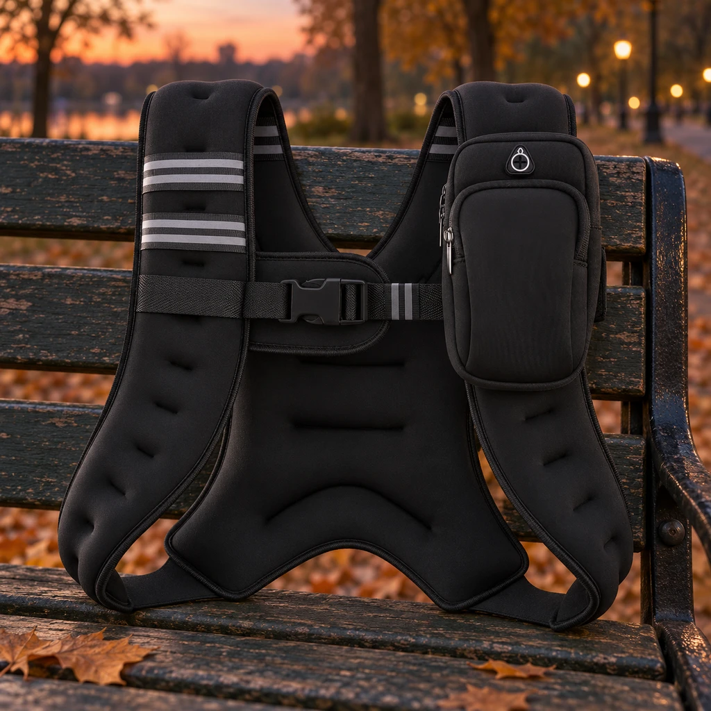 ZELUS weighted vest with reflective stripes over a park bench at dusk
