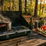 Camp cooking for beginners, a two burner stove and pot at a forest campsite