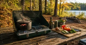Camp cooking for beginners, a two burner stove and pot at a forest campsite