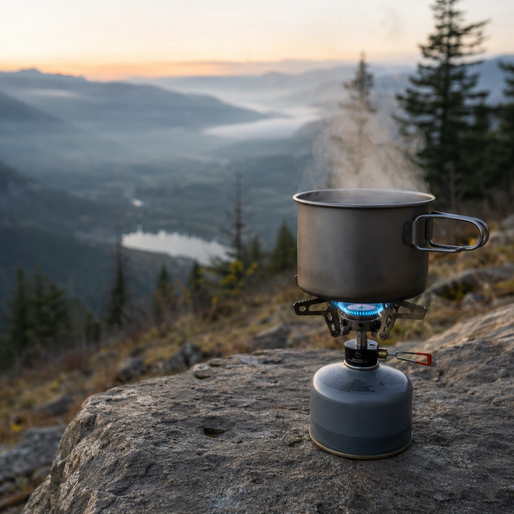 Camp cooking for beginners, a canister stove boiling a pot at dawn