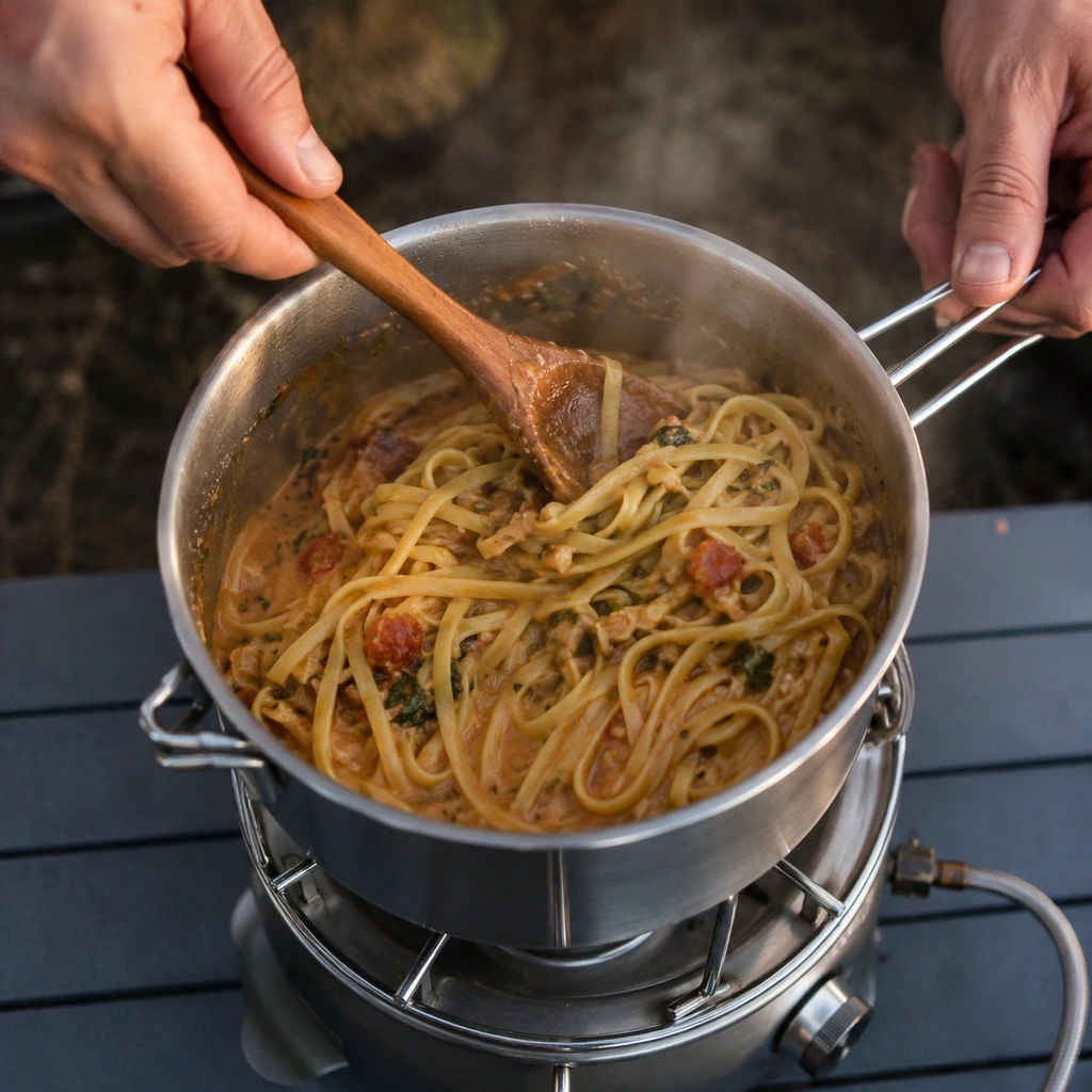 Hands stirring a one pot pasta meal in a steel pot on a camp stove