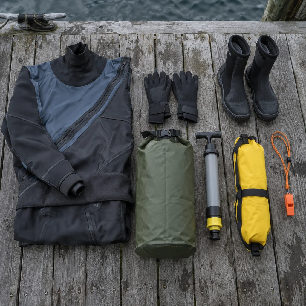 A drysuit, neoprene gloves, dry bag, bilge pump and whistle laid out on a dock